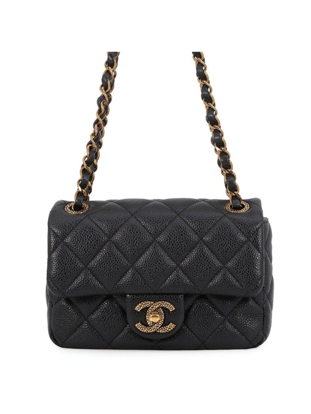 Chanel Chain Shoulder Bag Mini Quilted CC Logo Caviar Leather Black